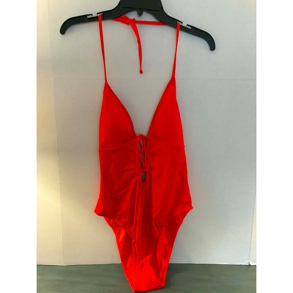 Lucky Brand Textured One Piece Swimsuit Women's Medium Red Halter Lace Up Monoki